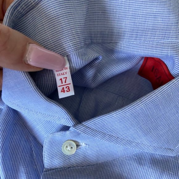 Isaia Men's Blue Pinstripe Dress Shirt in Sz 17 EUC - Picture 6 of 15
